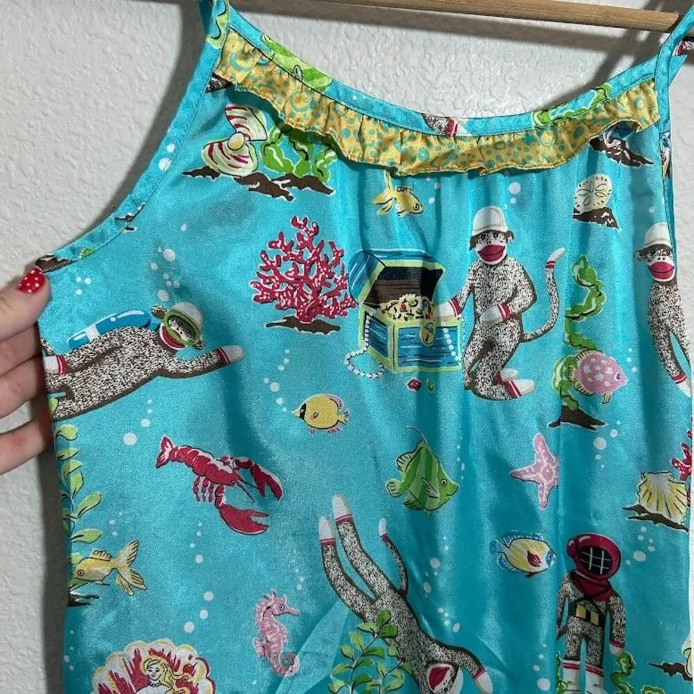 NICK & NORA Nightgown Dress Girls L 12 Blue Satin Slip Under The Sea Water